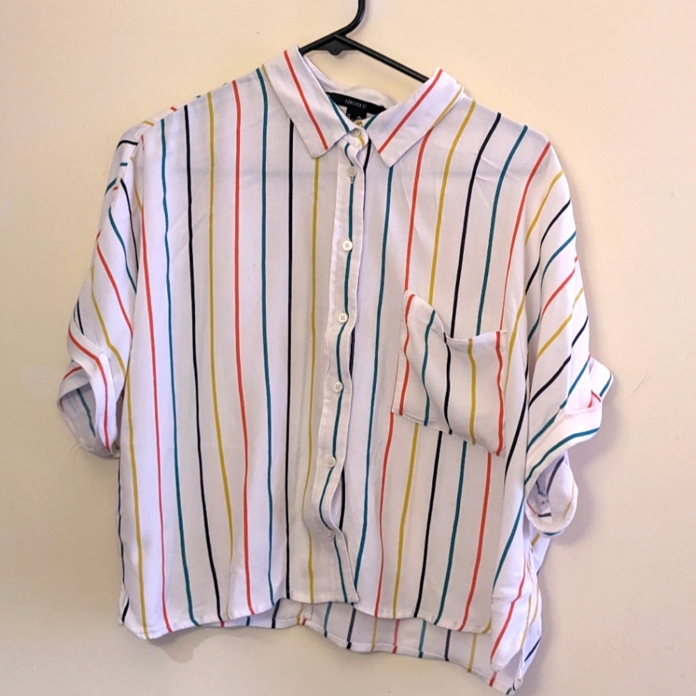 Large Forever21 Collared Colorful Pinstripe Cropped Shirt